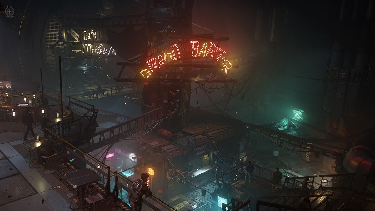 Zone commerciale d'une station spatiale dans Star Citizen