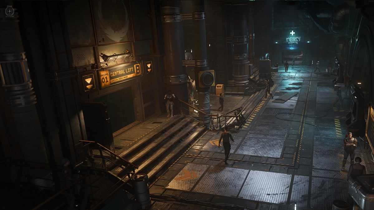 Couloir interieur d'une station spatiale dans Star Citizen